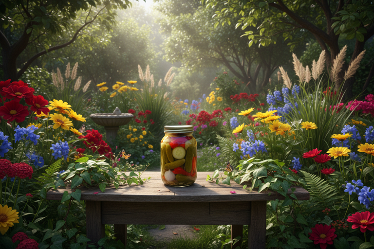 Generate a image with jar o pickles in a n beautiful garden
